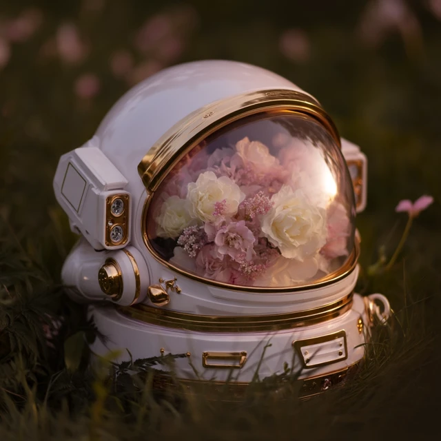 Astronaut Helmet with Flowers Romantic Scene