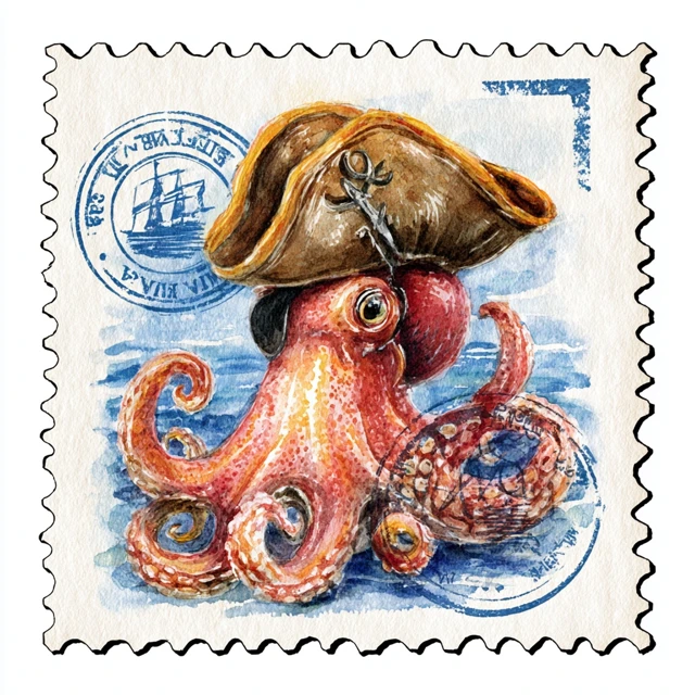Watercolor Octopus Pirate Stamp Clipart