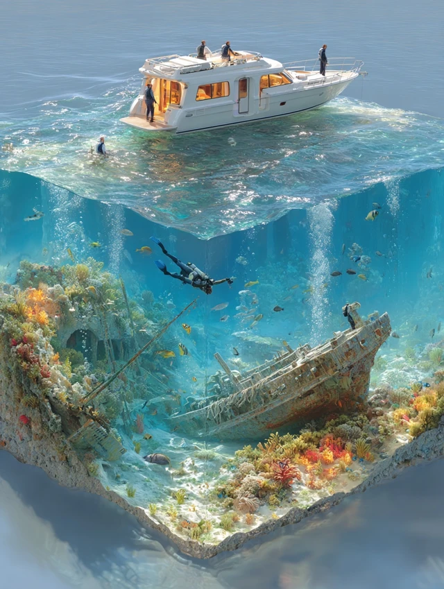 Underwater Isometric Scene Treasure Boat and Divers