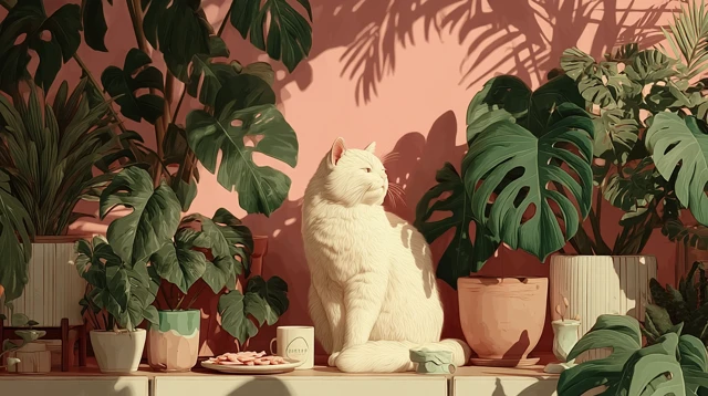 Cozy Cat Scene with Plants and Treats