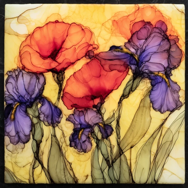 Red Poppies and Irises Abstract Painting