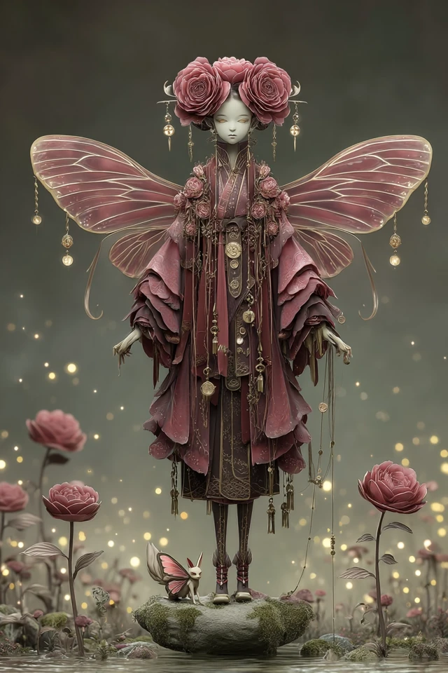 Mythical Shaman Rose Figure in Enchanted Glade