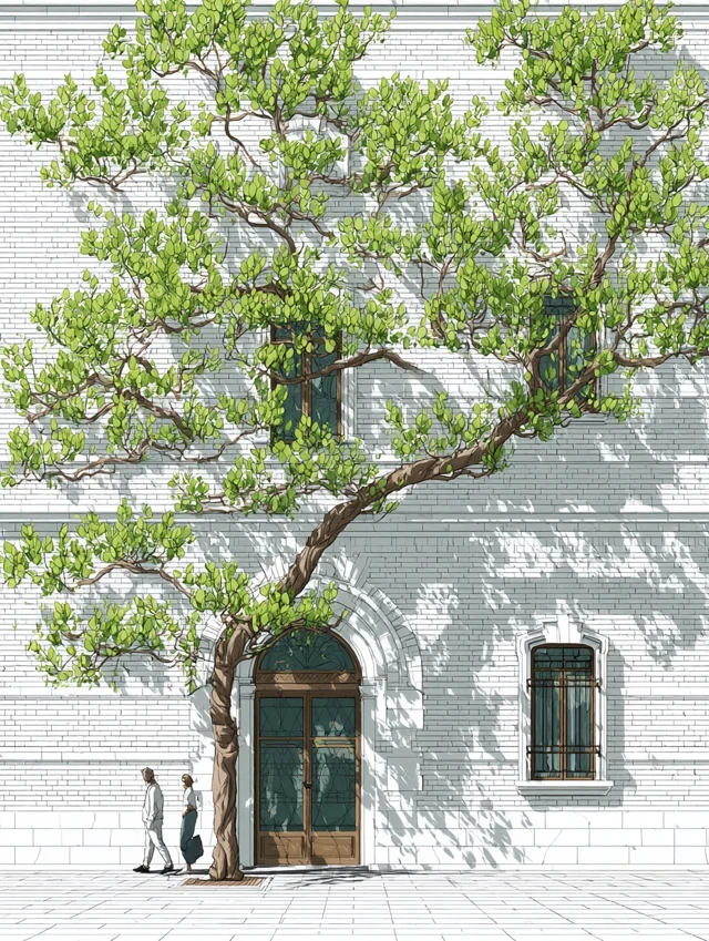 Hand Drawn Cityscape Illustration with Lush Vines