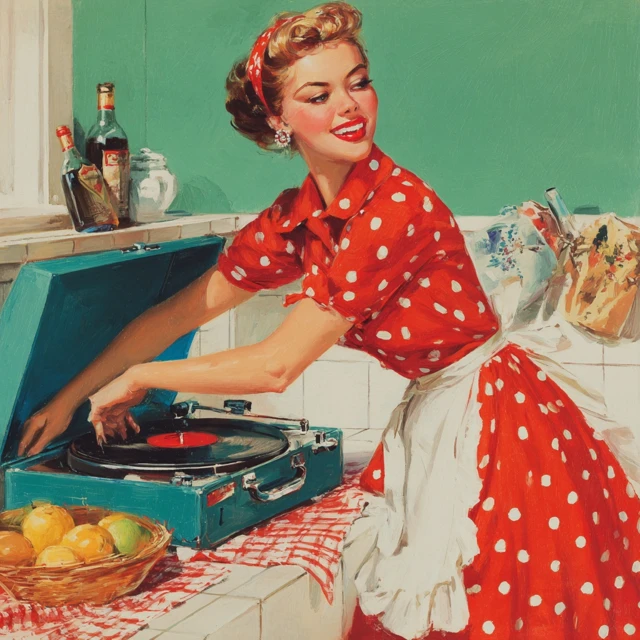 1950s Housewife Spinning Records Retro Art