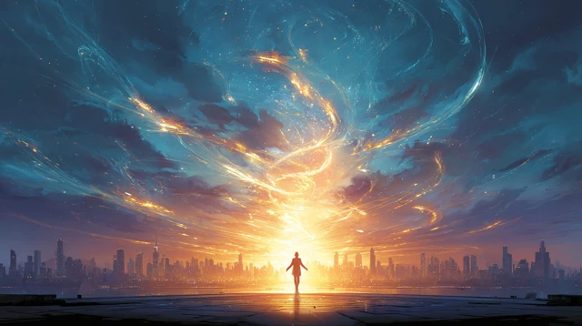 Confident Person and Glowing City at Sunset