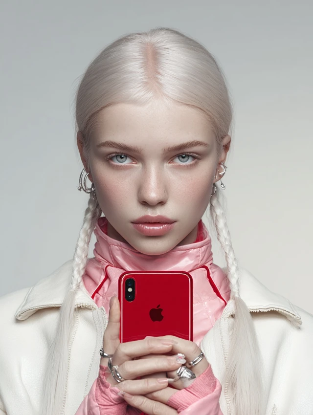Beauty Model Holding Red iPhone Photorealistic