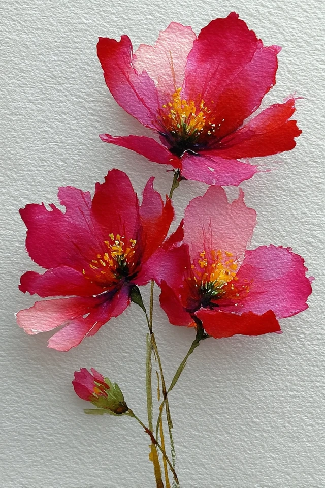 Watercolor Flowers Painting: Red Blooms, Messy Style