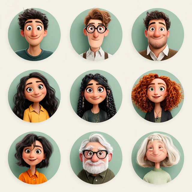 Character Selection Icons for Action Game Pixar Style