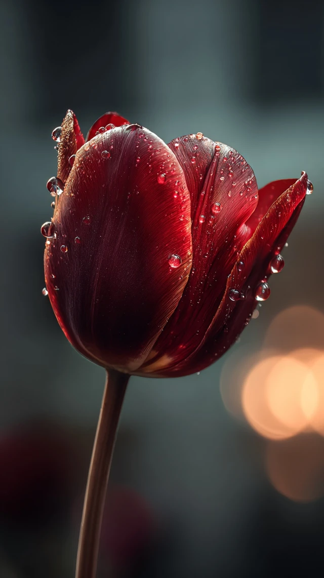 Red Tulip Macro Photography with Water Droplets