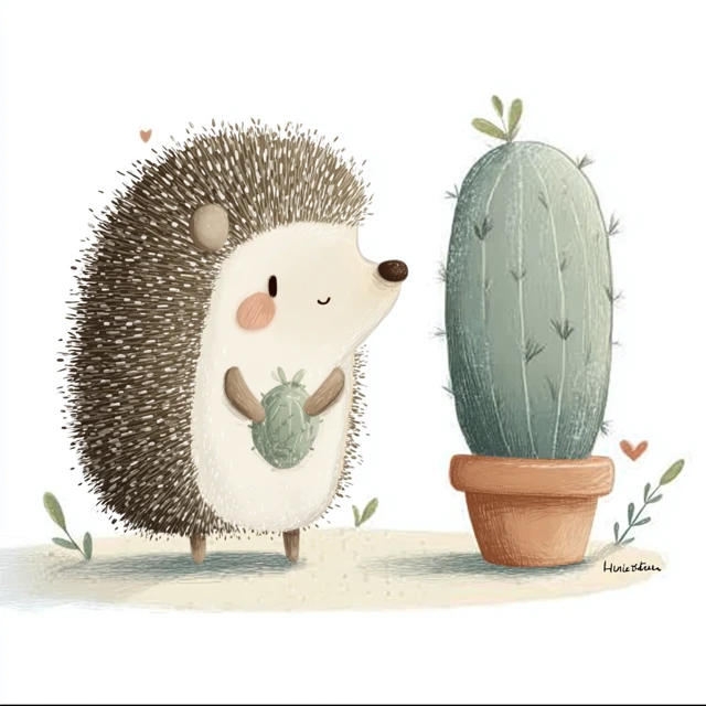 Cute Hedgehog and Cactus Childrens Illustration