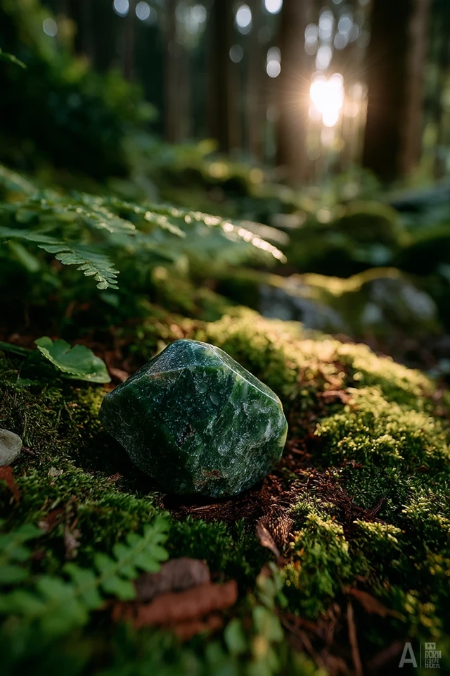 Moss Agate Gemstone in Forest Sunlight