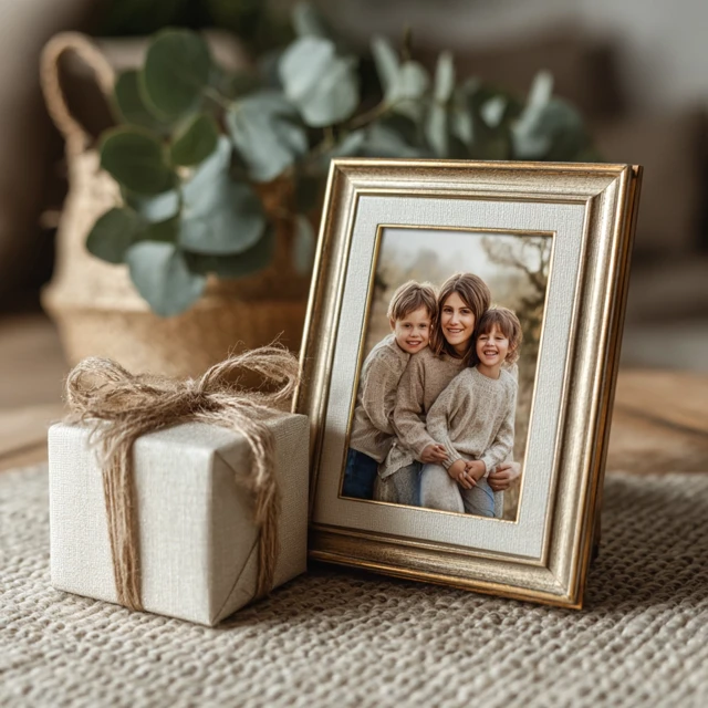 Family Photo in Gold Frame Gift Box Warm Lighting