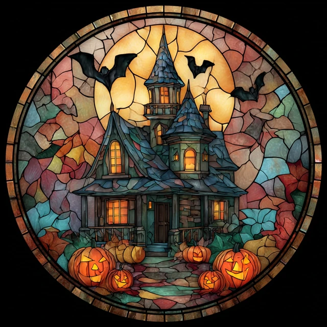 Halloween Stained Glass House Illustration