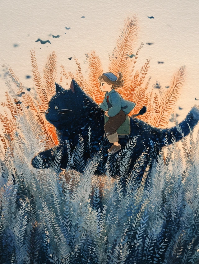 Girl and Cat Ride Through Sunset Field Watercolor Ghibli