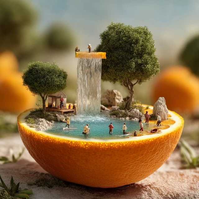 Miniature World in an Orange: Whimsical Digital Art