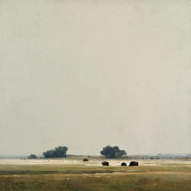 Minimalist Landscape Painting Bison in Open Field