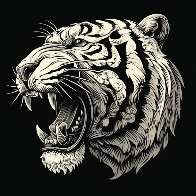 Vintage Tiger Head Illustration Black and White