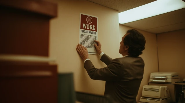 1980s Corporate Office Man Pinning WORK Poster
