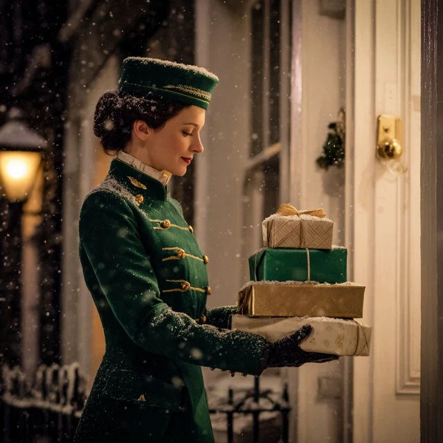 Concierge with Gifts in Winter Scene
