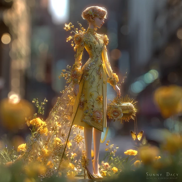 Sunny Day Hyperrealistic Woman in Golden Dress
