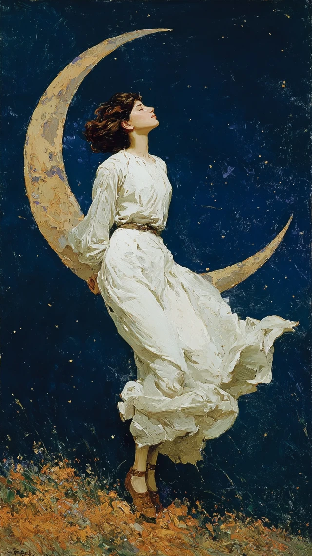 Woman on the Moon Stars Painting Art