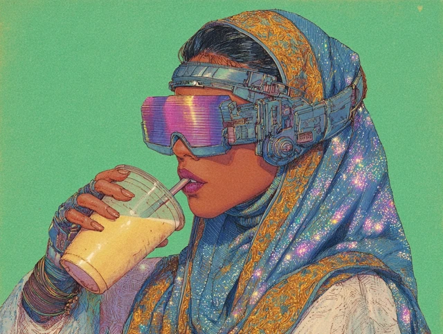 Retro Cyberpunk Mauritanian Woman Drink Ice Latte