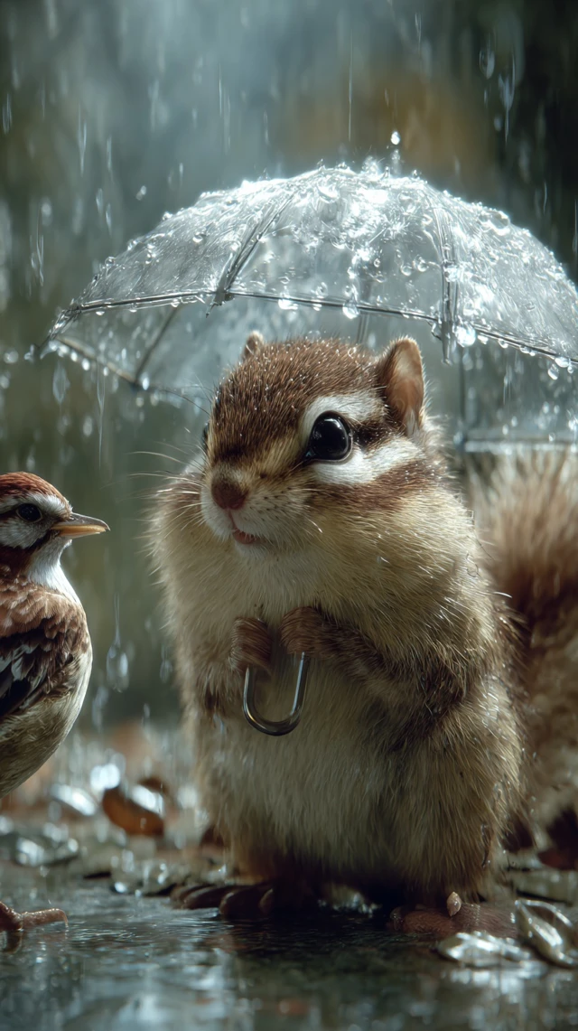 Sparrow and Squirrel Under Umbrella Rainy Day