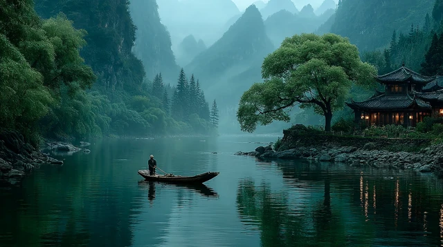 Serene Lake Scene Fisherman Boat Mountain Mist