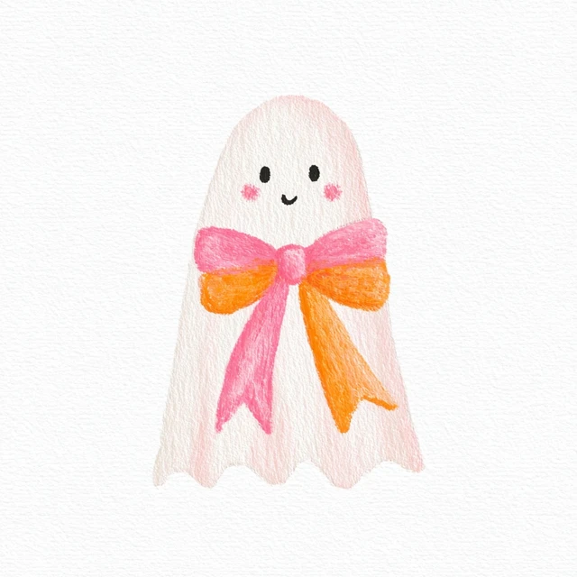 Cute Watercolor Ghost with Pink Bow Clipart