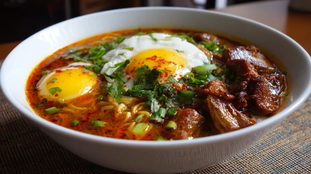 Spicy Pork Ramen with Soft Boiled Egg Delicious Food