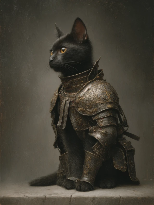 Black Cat Knight in Armor Gothic Painting