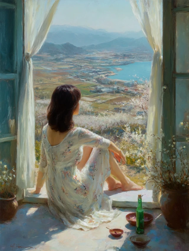Impressionist Oil Painting Window View Sunlight