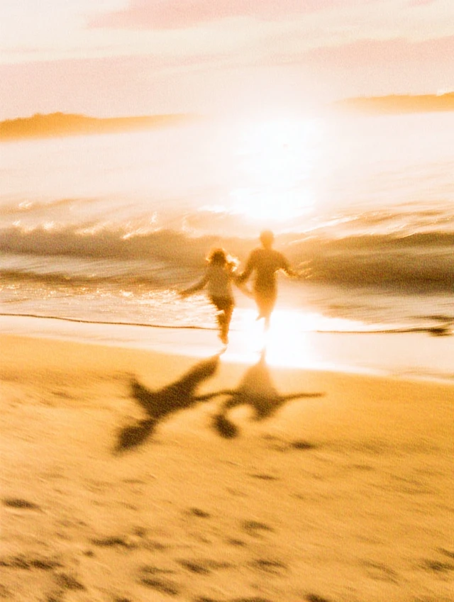 Couple Running on Beach Golden Hour Retro Photo