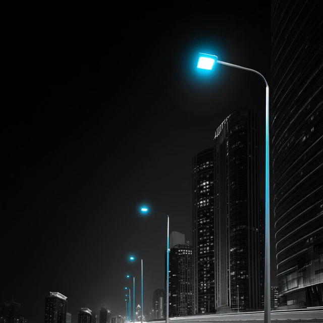 Minimalist Cityscape at Night with Cyan Light