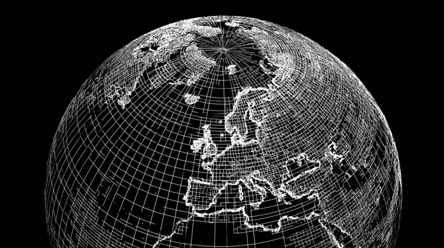 Wireframe Globe 3D Visualization Black and White Graphic