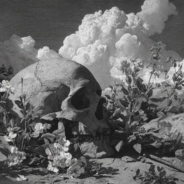 Skull and Flowers Black and White Artwork