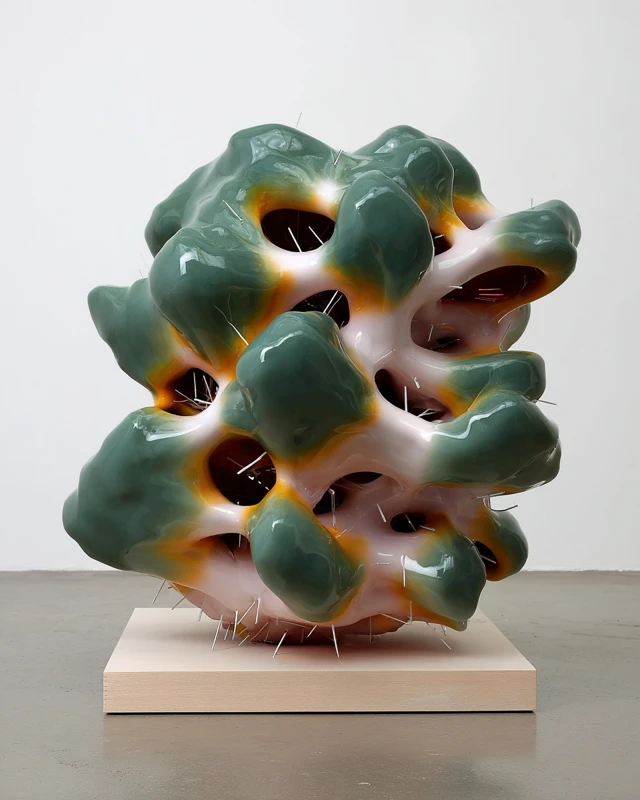Abstract Ceramic Sculpture with Neon Orange Edges