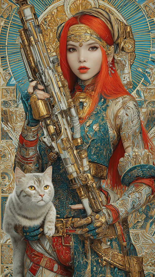 Asian Warrior Girl with Laser Gun and Cat