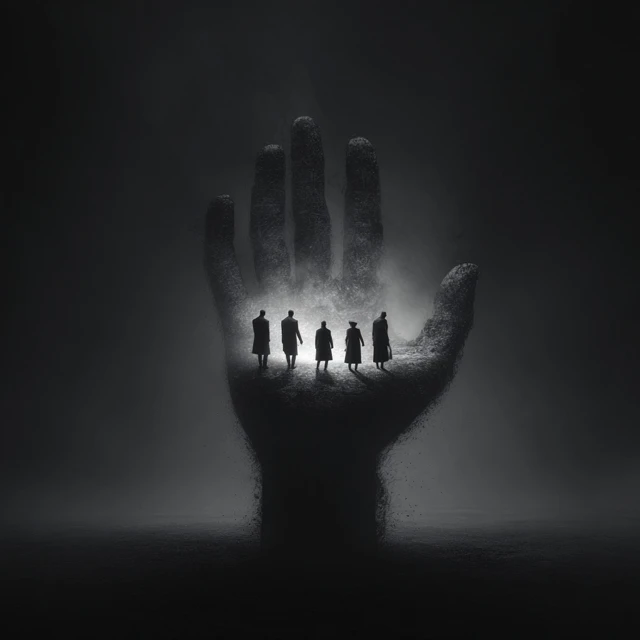 Shadowy Figures on a Giant Hand Fantasy Art
