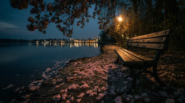 Riverside Bench at Night Cinematic Scene