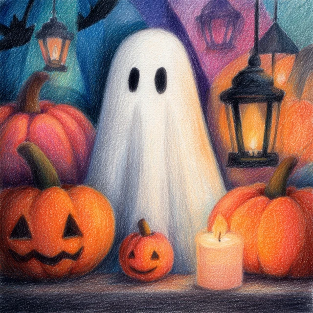 Cute Halloween Ghost with Pumpkins and Lanterns