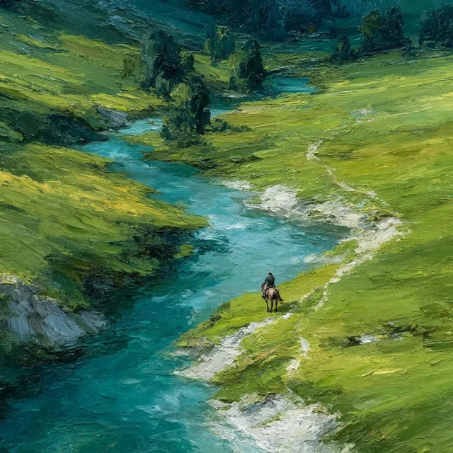 Medieval Landscape: Man on Horse by River Oil Painting
