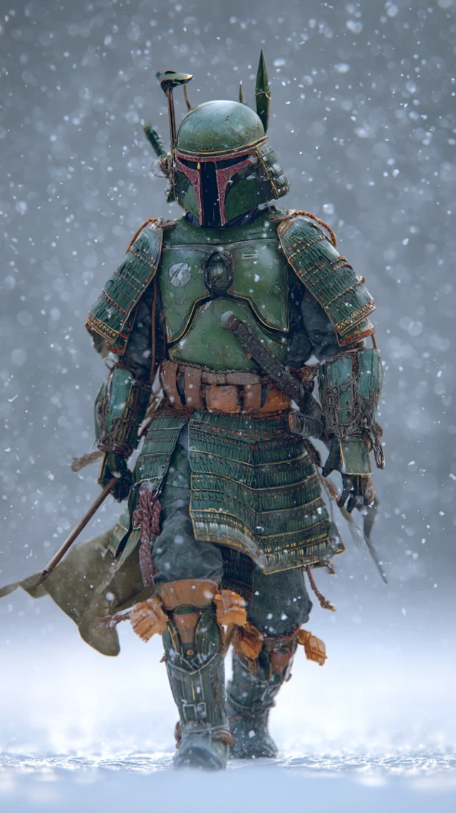 Boba Fett Samurai Armor In Snowy Battlefield