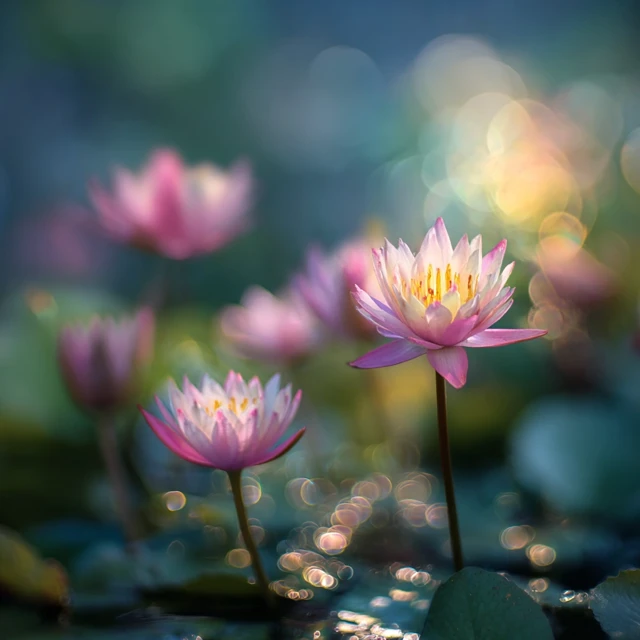 Lotus Flowers in Soft Light with Bokeh Effect