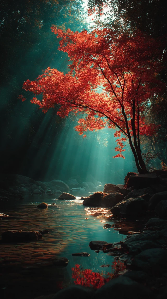 Autumn Forest Scene: Red Maple, Stream, Sunlight