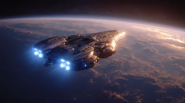 Spaceship Orbiting Planet Cinematic Space Art