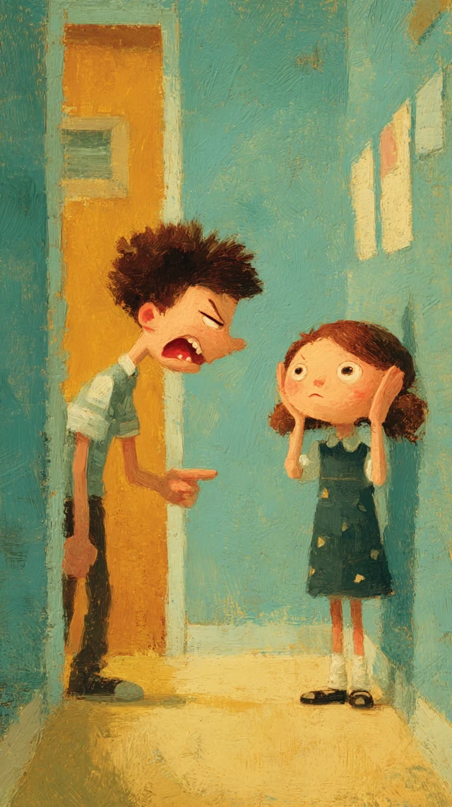 Childrens Book Illustration: Emotional School Scene