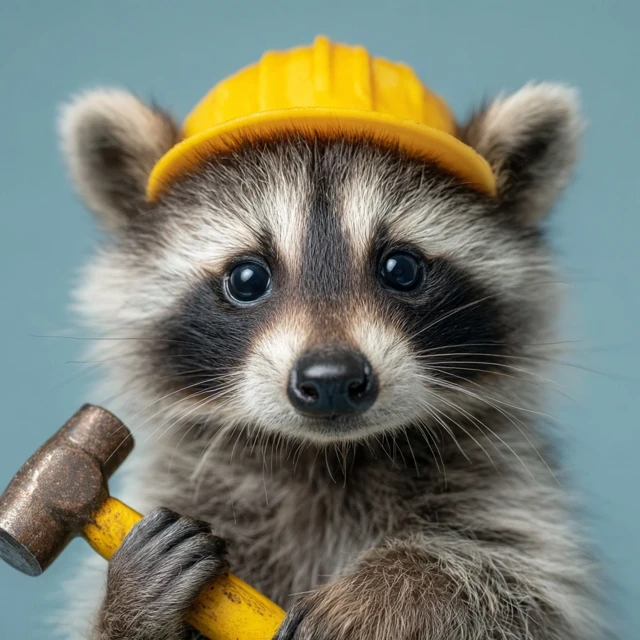 Photorealistic Raccoon in Hard Hat Holding Hammer