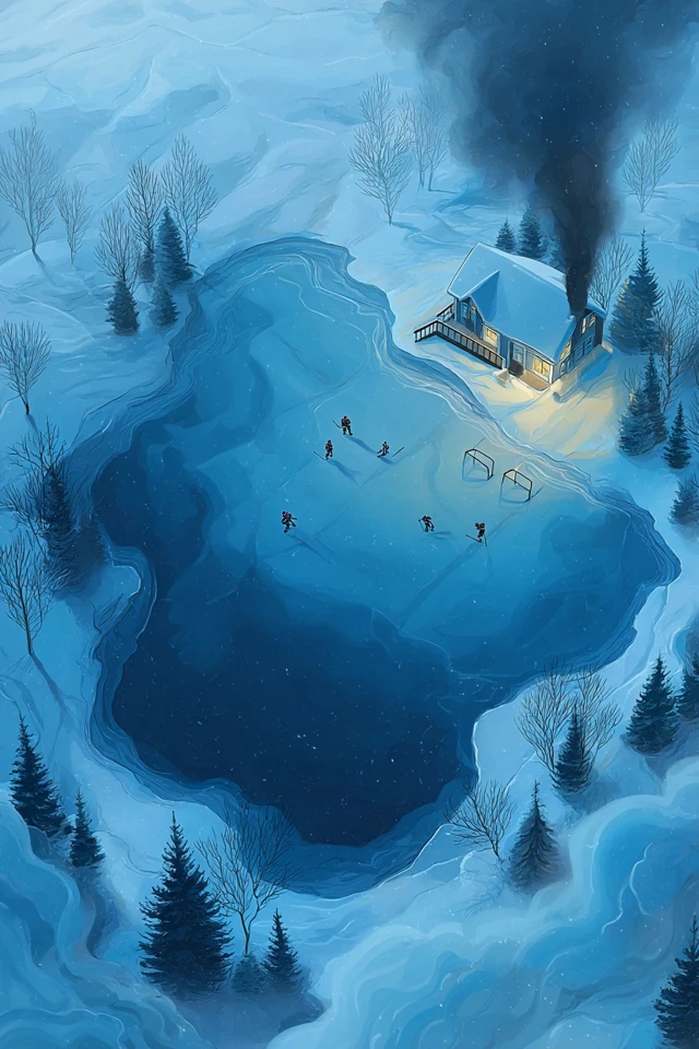 Winter Cabin Hockey Game Watercolour Painting