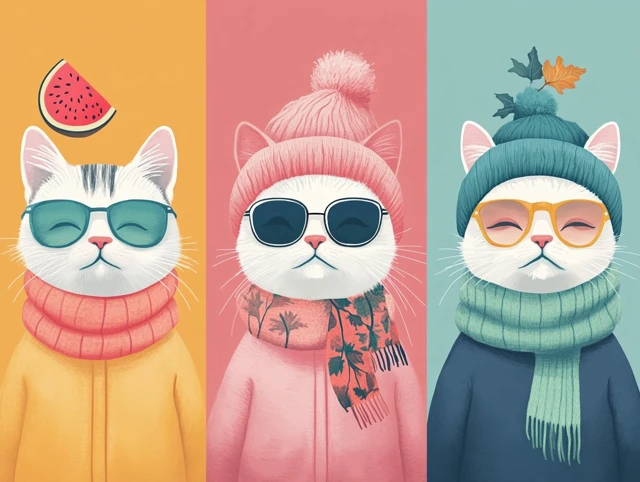 Seasonal Cats Spring Summer Autumn Winter Art